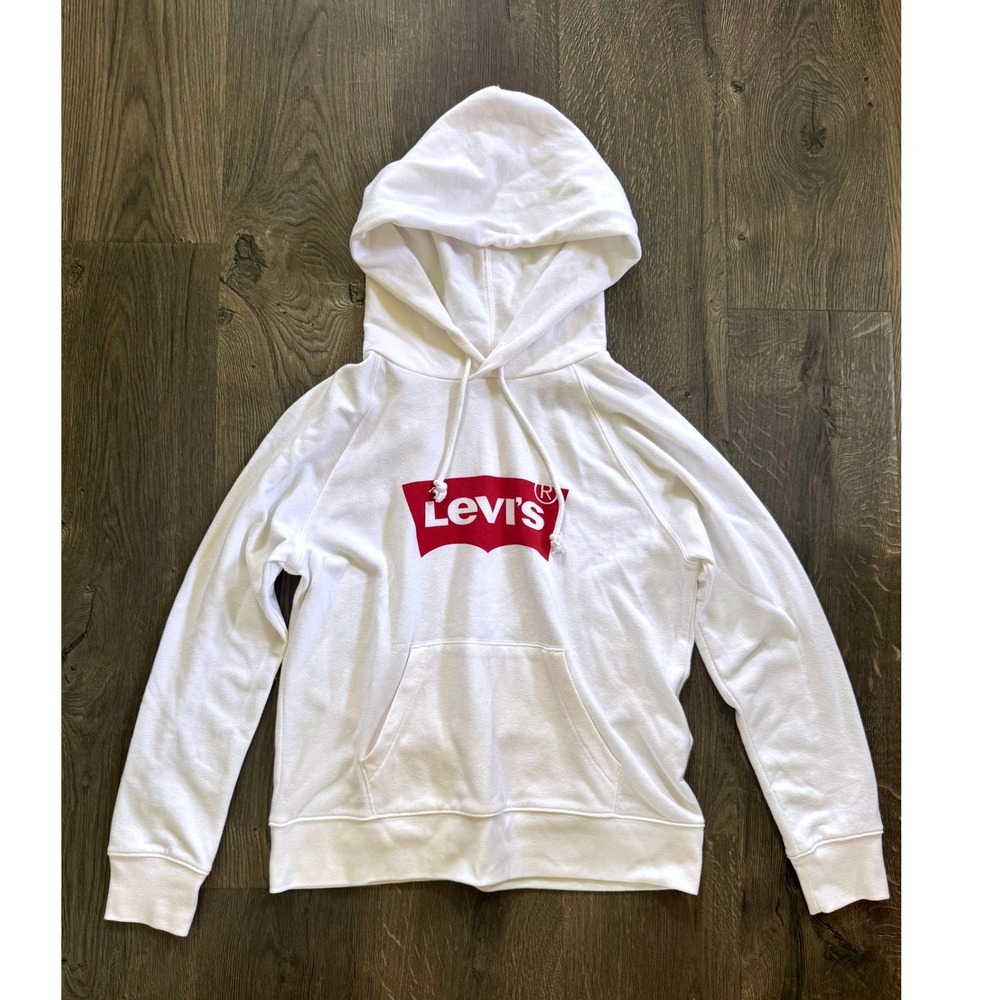 Levi's Logo Graphic Sport Hoodie Sweatshirt M White Red Cotton Blend Excellent